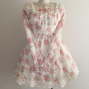 LIZ LISA 00S Brushed Power Full Lace Shoulder Rose Dress Hime